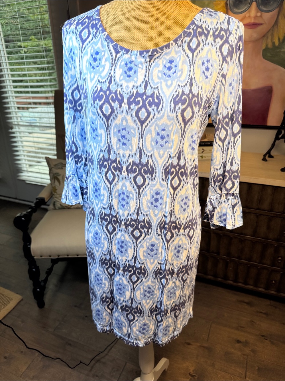 Tori Richard Blue and White Ikat-Print Midi Shift Dress M